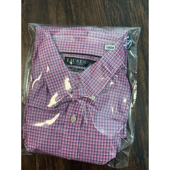 Lauren Ralph Lauren Shirt Mens 17.5 32/33 Pink Plaid Slim Fit Stretch Non-Iron - Picture 9 of 9